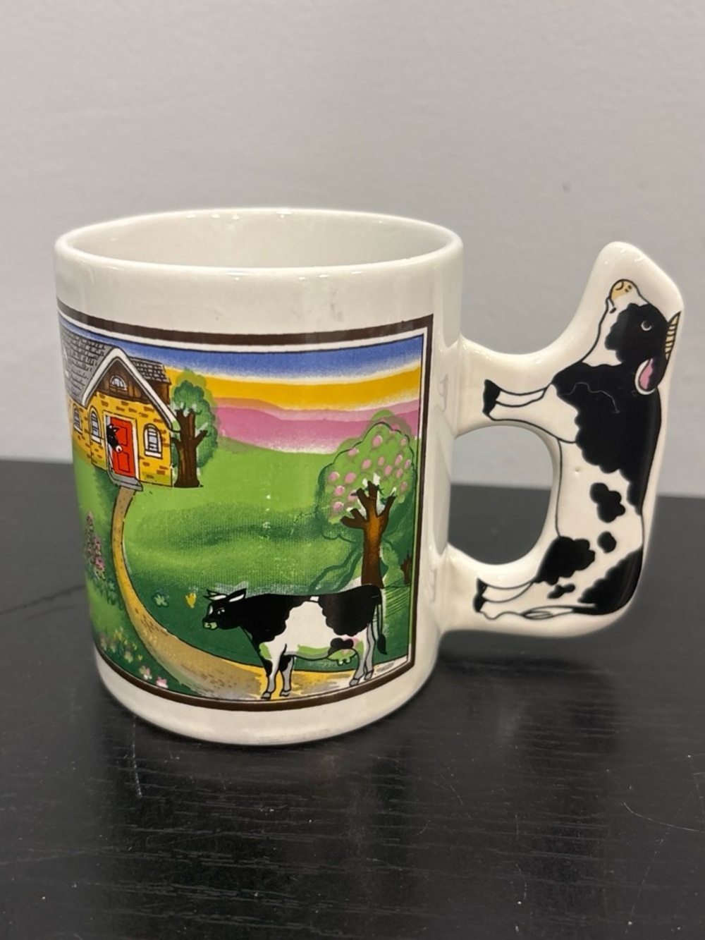 White Cow-Handle Ceramic Mug with Colorful Pastoral Artwork coffee tea cup